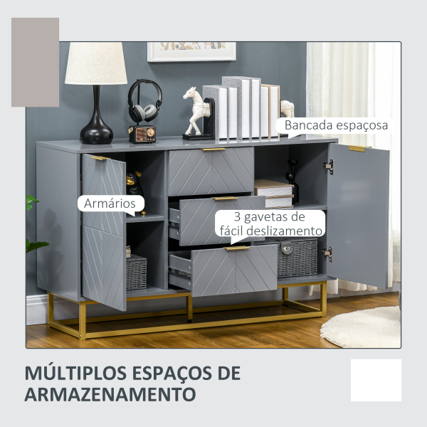 HOMCOM Aparador Auxiliar Armário de Armazenamento com 3 Gavetas e 2 Armários com Prateleira Ajustável 120x40x76 cm Cinza - Image 6