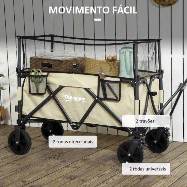 Outsunny Carrinho de Transporte Dobrável 180 L com Guiador Ajustável e Laterais Extensíveis Carga 120 kg para Jardim Praia Cáqui - Image 7