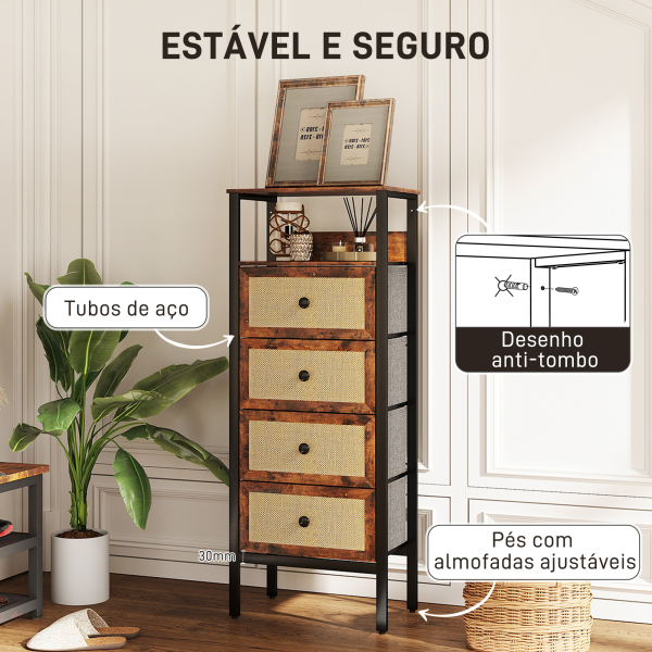 HOMCOM Cómoda de Tecido Cómoda para Dormitório com 4 Gavetas com Frente em Vime Prateleira 50x30x126 cm Marrom Rústico - Image 6