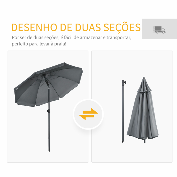 Outsunny Chapéu de Sol de Praia Grande Ø180 cm Chapéu de Sol de Exterior com Ângulo Ajustável Proteção UV50+ Mastro de Ø32 mm Cinza - Image 8