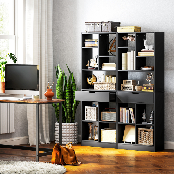 HOMCOM Estante de Madeira Estante para Livros com 1 Gaveta e 9 Compartimentos de Armazenamento 60x26x158 cm Preto - Image 6