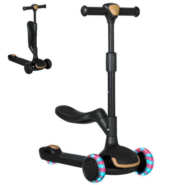 AIYAPLAY Trotinete para Crianças 2 em 1 com Altura Ajustável 3 Rodas Brilhantes e Assento para +18 Meses 58x31x64-79 cm Preto