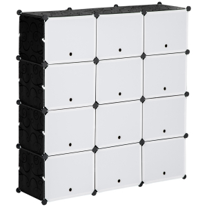 HOMCOM Armário Modular de Plástico Armário com 12 Cubos Organizadores de Sapatos Roupas Brinquedos 125x32x125cm Branco e Preto