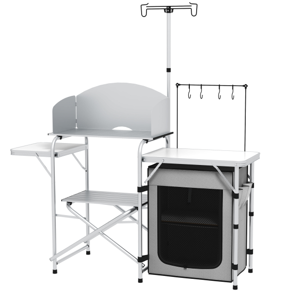 Outsunny Móvel de Cozinha para Campismo Dobrável com Mesas Estante Suporte de Luz e Ganchos 144x48x119 cm Prata e Cinza Claro