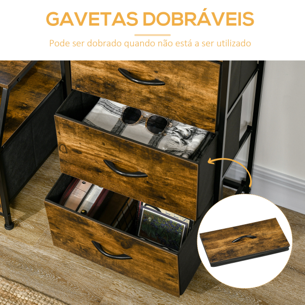 HOMCOM Cómoda com 3 Gavetas de Tecido Dobrável e Prateleira Móvel de Armazenamento Estilo Industrial 44x29x92cm Marrom Rústico - Image 5