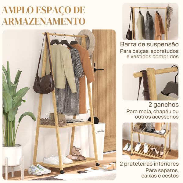 HOMCOM Charriot de Bambu para Roupa Charriot para Roupa com Rodas 2 Prateleiras Abertas e 2 Ganchos 84,5x43,5x158 cm Madeira - Image 4