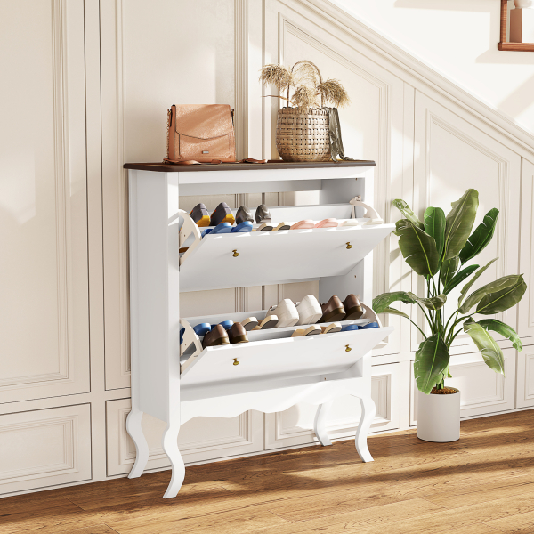 HOMCOM Móvel Sapateira Estilo Francês Sapateira com 2 Gavetas Prateleiras Ajustáveis para 16 Pares de Sapato 84x29x109 cm Branco - Image 2