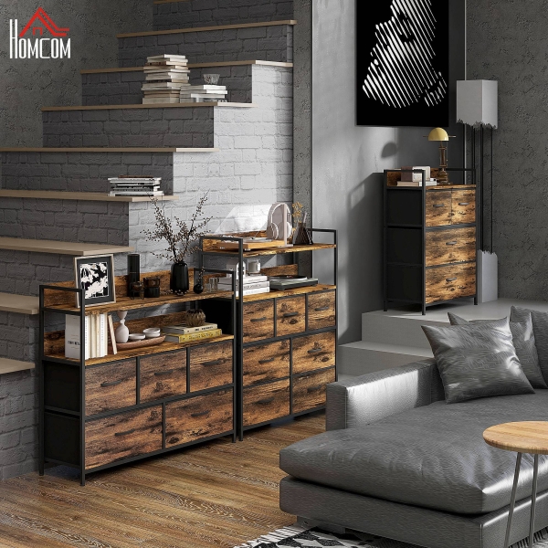 HOMCOM Cómoda de Quarto com 4 Gavetas Dobráveis Prateleira Aberta e Estrutura de Aço para Sala Entrada 60x29x85 cm Castanho Rústico - Image 8