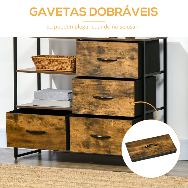 HOMCOM Cómoda com 4 Gavetas de Tecido Dobrável e 2 Prateleiras Abertas Estilo Industrial 84x30x71,4cm Marrom Rústico - Image 5