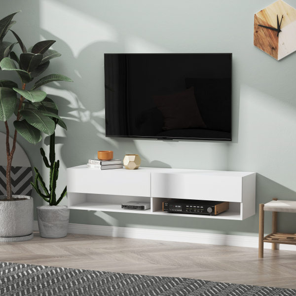 HOMCOM Móvel de TV de Parede com 2 Compartimentos e 2 Armários com  para Televisores de 60 Polegadas 140x32x31 cm Branco - Image 2
