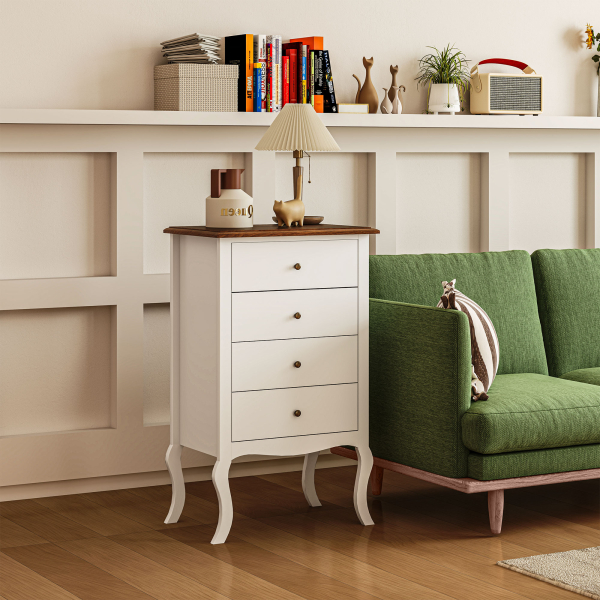 HOMCOM Cómoda com 4 Gavetas Cómoda para Dormitório Estilo Francês com Sistema Anti-Tombo 60x40x98,5 cm Branco e Madeira - Image 2