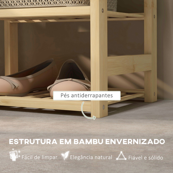 HOMCOM Banco para Sapatos de Bambu Móvel Sapateira com Assento Cesta Amovível e Prateleiras Abertas para 4 Pares de Sapatos 69x30x45 cm Madeira - Image 6