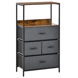 HOMCOM Cómoda com 4 Gavetas Dobráveis e Prateleira Aberta Cómoda com Gavetas de Tecido Anti-Tombo 58x29x103cm Marrom e Cinza