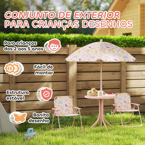 AIYAPLAY Conjunto de Mesa e Cadeiras para Crianças de Jardim com Cadeiras Dobráveis Chapéu de Sol Ajustável e Desenho de Raposas Rosa - Image 7