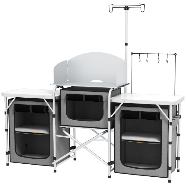 Outsunny Móvel de Cozinha para Campismo Armário Dobrável com 3 Tampos 3 Armários Suporte de Luz 4 Ganchos 172x48x119 cm Cinza