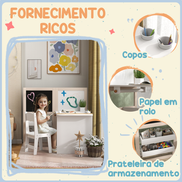 AIYAPLAY Mesa e Cadeira Infantil Mesa para Crianças com Cadeira Ardósias Dobrável Prateleiras e Rolo de Papel Branco - Image 6