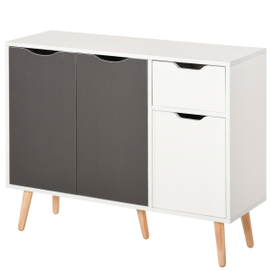 HOMCOM Aparador Móvel Auxiliar de Armazenamento com 2 Armários de Porta Gaveta Pés de Madeira 90x30x72 cm Cinza e Branco