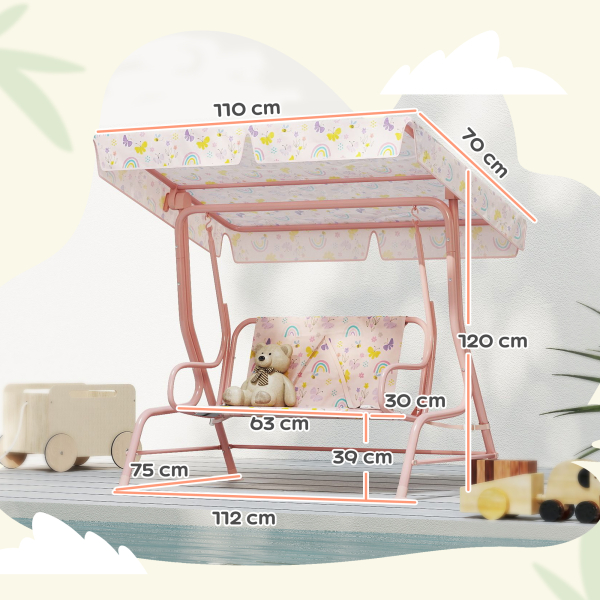 AIYAPLAY Baloiço de Jardim para Crianças com 2 Lugares Toldo Ajustável Cinto de Segurança e Desenho de Borboletas 112x75x120 cm Rosa - Image 3
