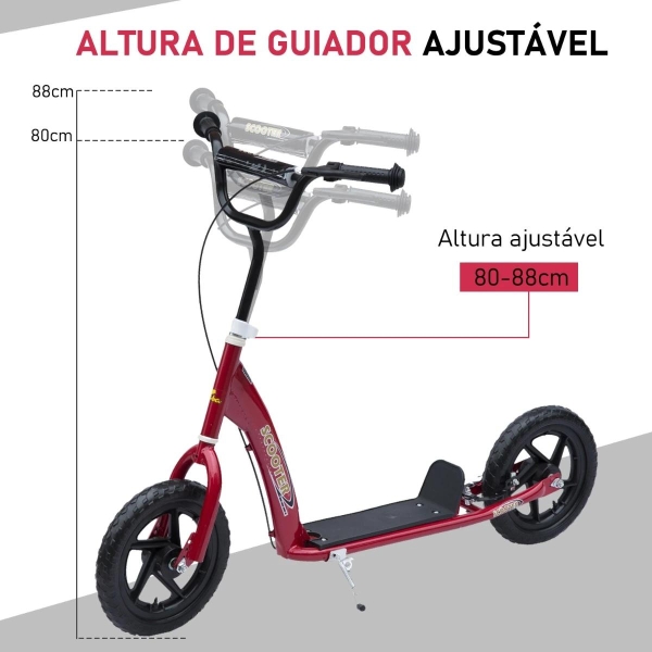 HOMCOM Trotinete para Crianças acima de 5 anos Scooter de 2 Rodas Grandes de 12 Polegadas com Freio e Guidão Ajustável em Altura Carga Máx. 100kg 120x52x80-88cm Vermelho - Image 5