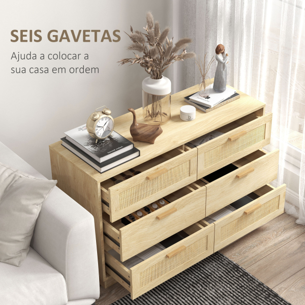 HOMCOM Cómoda para Quarto Cómoda de Madeira com 6 Gavetas de Vime Estilo Boêmio para Corredor Escritório 110x40x69 cm Carvalho - Image 5