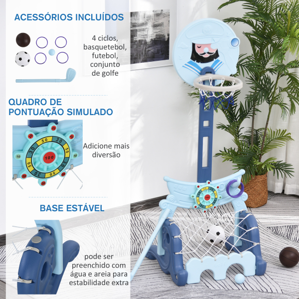 HOMCOM Tabela de Basquetebol 4 em 1 com Altura Ajustável para Crianças acima de 3 Anos Centro de Atividades 58x56x154cm Azul - Image 8