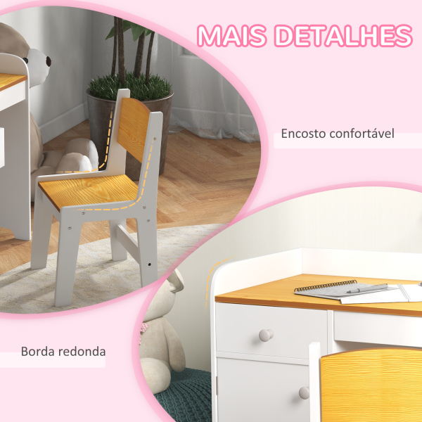 ZONEKIZ Conjunto de Secretária e Cadeira para Crianças Conjunto Infantil de 2 Peças com Gaveta e Armário para Quarto Branco e Natural - Image 7