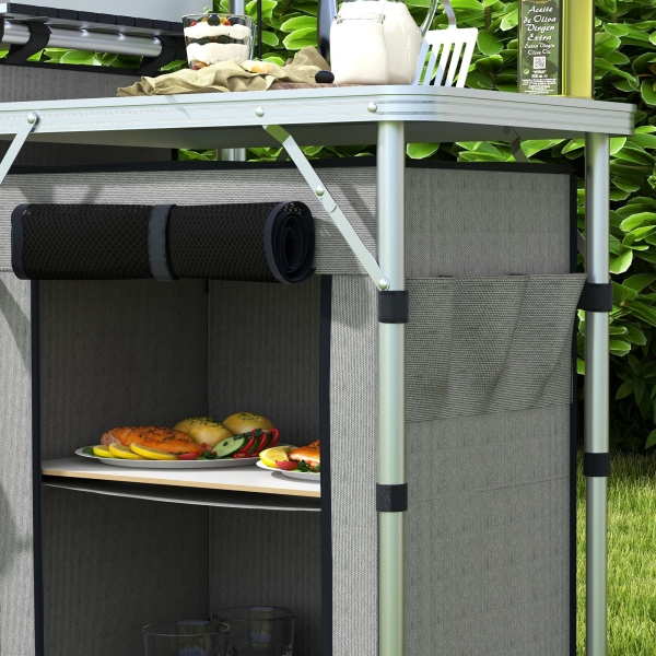 Outsunny Móvel de Cozinha para Campismo Armário Dobrável com 3 Tampos 3 Armários Suporte de Luz 4 Ganchos 172x48x119 cm Cinza - Image 9