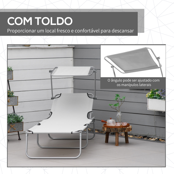 Outsunny Espreguiçadeira de Jardim Dobrável com Toldo Removível e Ajustável e Encosto Ajustável em 4 Posições  187x58x36 cm Cinza Claro - Image 6