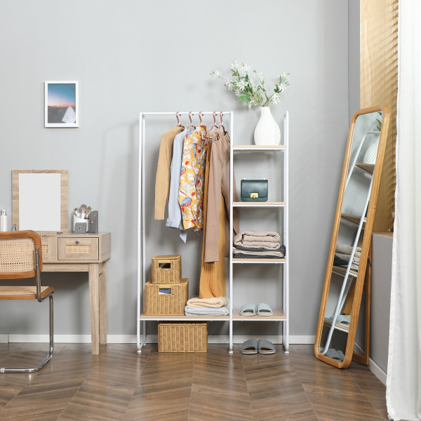 HOMCOM Suporte para Cabides com 4 Prateleiras de Armazenamento e Barra de Pendurar Estilo Industrial 101x39x160cm Madeira e Branco - Image 7