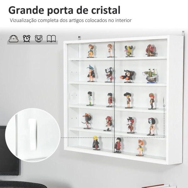 HOMCOM Vitrine de Parede de Madeira com Prateleiras Ajustáveis e 2 Portas Corredeiras de Vidro para Coleções Perfumes Bonecos de Decoração 80x9,5x60cm Branco - Image 5