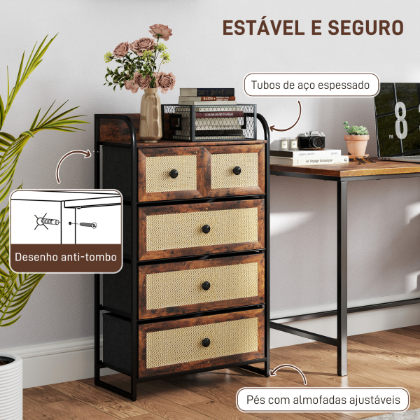 HOMCOM Cómoda de Tecido Cómoda para Dormitório com 5 Gavetas com Frente em Vime e Prateleira 58x29x99 cm Marrom Rústico - Image 6