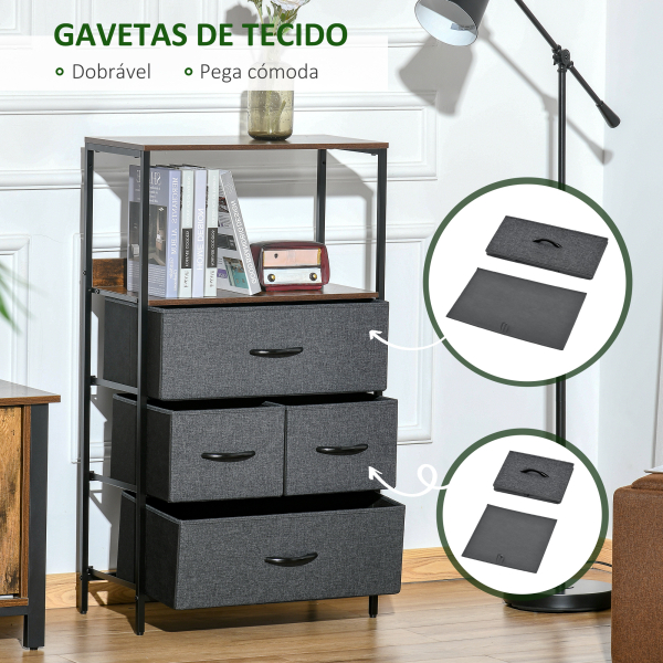 HOMCOM Cómoda com 4 Gavetas Dobráveis e Prateleira Aberta Cómoda com Gavetas de Tecido Anti-Tombo 58x29x103cm Marrom e Cinza - Image 6