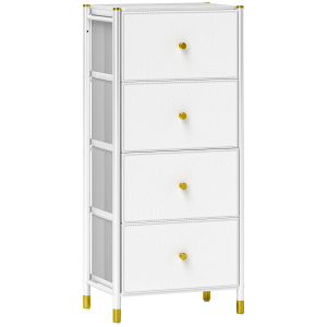 HOMCOM Cómoda para Dormitório Cómoda de Tecido com 4 Gavetas Dobráveis com Frentes de Couro PU 46x30x98 cm Branco