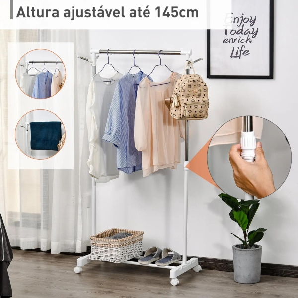 HOMCOM Charriot com Altura Ajustável Cabide com Rodas Portátil Prateleira Inferior Aço 68,5x42x87-145cm Branco e Prata - Image 5