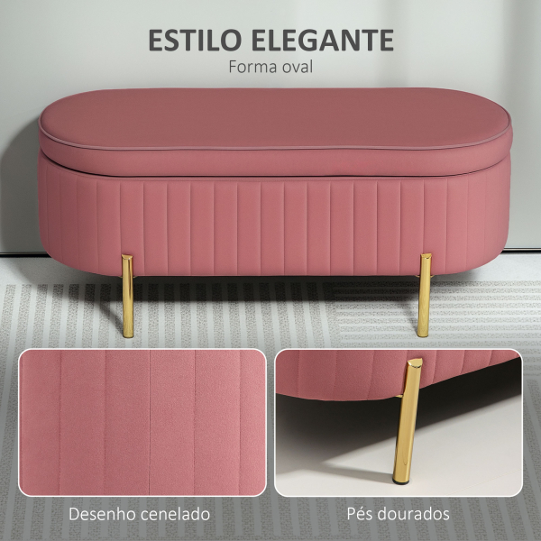 HOMCOM Banco Pé de Cama Estofado em Veludo Banco de Arrumação e Pés Dourado Banco para Entrada Dormitório 108x44x43,5 cm Rosa - Image 5