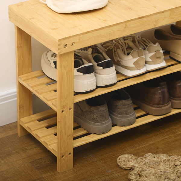 HOMCOM Banco Sapateira de Bambu Organizador de Sapatos com 2 Prateleiras para 6-9 Pares de Sapatos 70x28x45 cm Madeira - Image 9