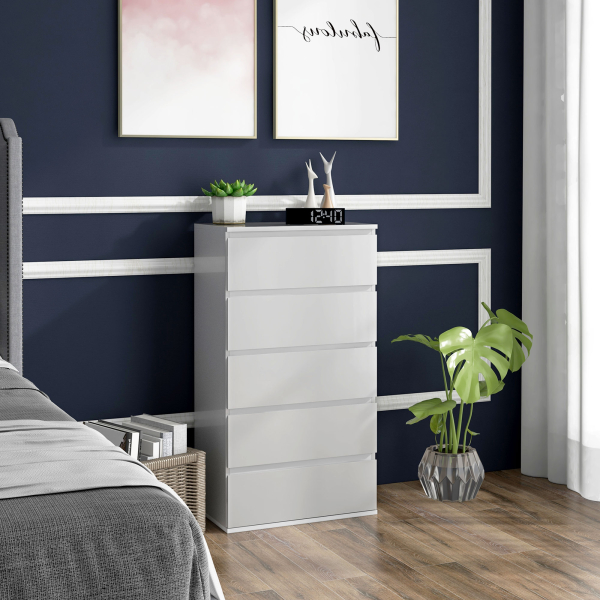 HOMCOM Cómoda com 5 Gavetas de Madeira Cómoda de Dormitório Cómoda Branca para Sala de Estar Estilo Moderno 55x33x100 cm Branco - Image 2