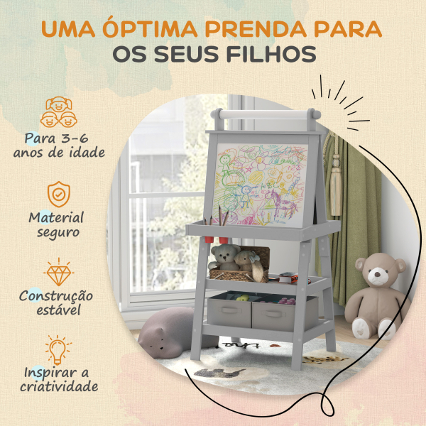 AIYAPLAY Cavalete de Pintura Infantil 3 em 1 Quadro Dupla Face com Rolo de Papel e Cestos de Arrumação Cinzento - Image 6