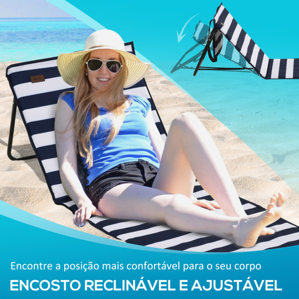 Outsunny Conjunto de 2 Esteiras de Praia Dobrável Esteiras Acolchoadas com Encosto Reclinável  142x51x40 cm Branco e Azul - Image 5