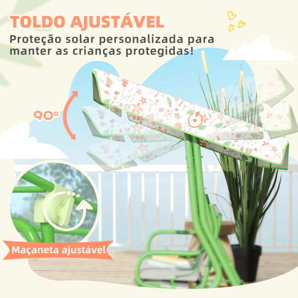 AIYAPLAY Baloiço de Jardim para Crianças com 2 Lugares Toldo Ajustável Cinto de Segurança e Desenho de Borboletas 112x75x120 cm Verde - Image 5