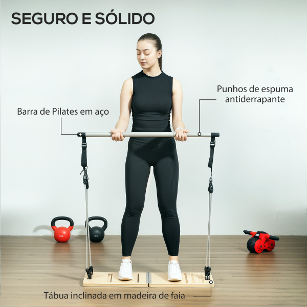 SPORTNOW Barra de Pilates com 6 Faixas Elásticas Tábua Inclinada Ajustável para Treino de Corpo Inteiro em Casa 90x33x3 cm Cinza - Image 8