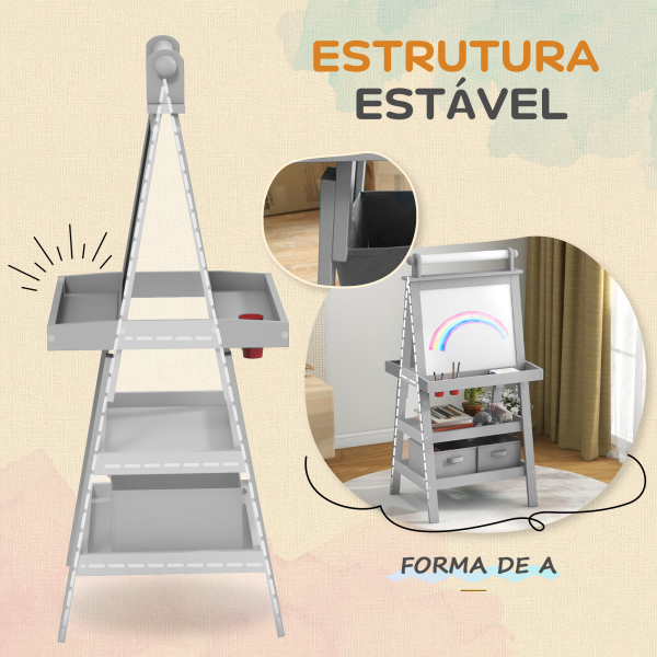 AIYAPLAY Cavalete de Pintura Infantil 3 em 1 Quadro Dupla Face com Rolo de Papel e Cestos de Arrumação Cinzento - Image 7