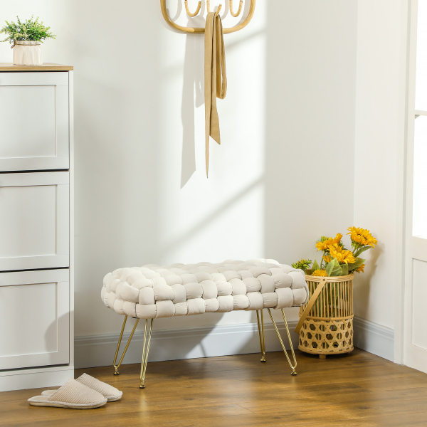 HOMCOM Apoio para os Pés Sala de Estar em Veludo com Pés de Metal e Assento Acolchoado para Dormitório Entrada 76x38x41,5 cm Creme - Image 2