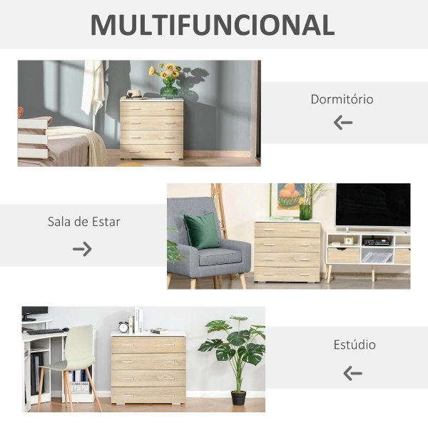 HOMCOM Cómoda com 4 Gavetas Cómoda Auxiliar de Armazenamento Moderna para Dormitório Corredor Sala de Estar 76x35x72cm Carvalho e Branco - Image 6