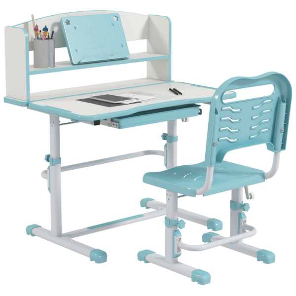ZONEKIZ Conjunto de Secretária e Cadeira para Crianças com Altura Ajustável e Ângulo da Mesa Ajustável 80x54,5x82-104 cm Azul