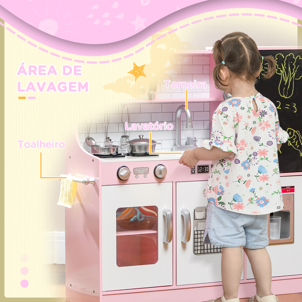 AIYAPLAY Cozinha de Brincar para Crianças acima de 3 anos Cozinha Infantil de Madeira com Acessórios Máquina de Gelo Ardósia e Telefone 83,8x26,8x81 cm Rosa - Image 7