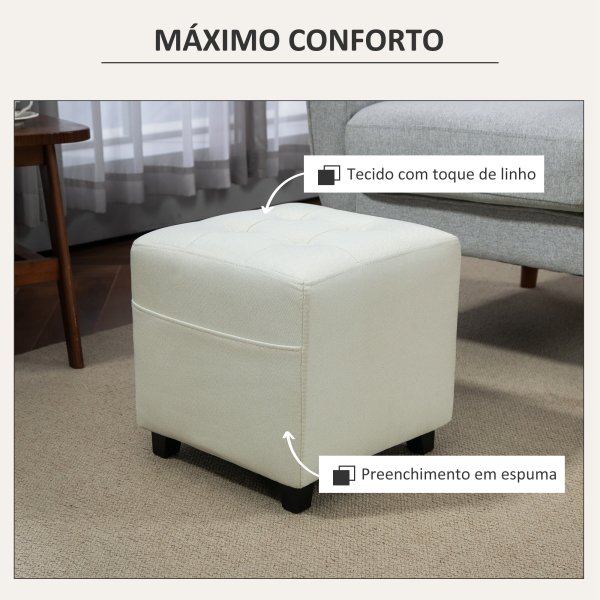 HOMCOM Apoio para os Pés Sala de Estar Banco Estofado em Linho com Bolso Lateral Tampa com Botões  35x35x35 cm Creme - Image 6