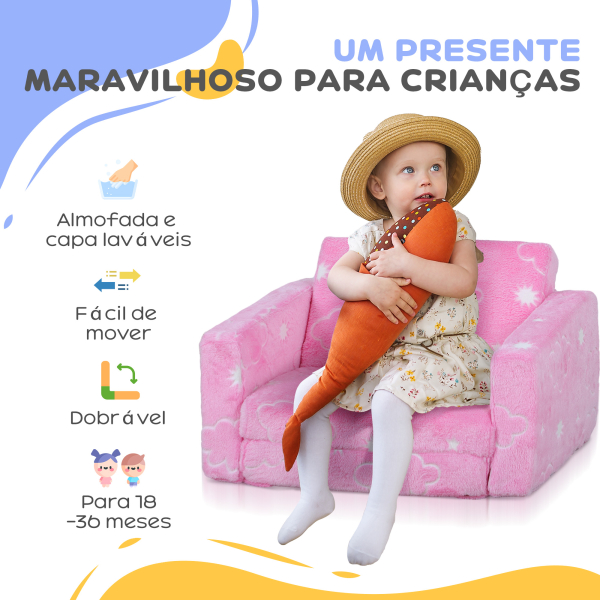 AIYAPLAY Poltrona para Crianças Dobrável e Reclinável Sofá para Crianças Estofado em Tecido Luminoso com Desenho de Nuvens Rosa - Image 7