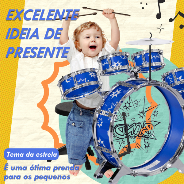 AIYAPLAY Bateria Infantil com Banco Bateria para Crianças acima de 3 Anos com Pedal e Baqueta Desenho de Estrelas 65x22x57 cm Azul - Image 6