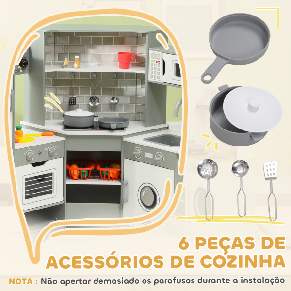 AIYAPLAY Cozinha de Madeira para Crianças com Sons Forno Lavatório Micro-Ondas Máquina de Gelo e Acessórios 110x80x91 cm Cinza - Image 6